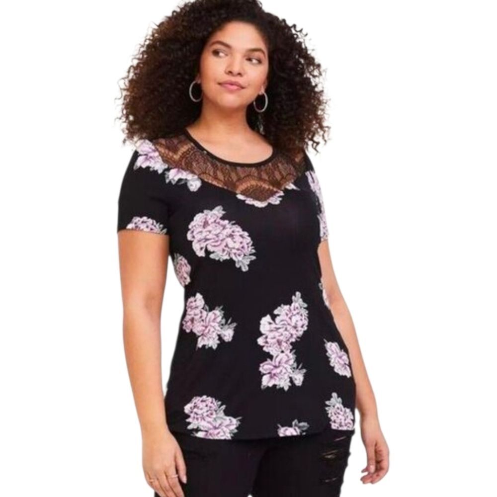 Torrid Super Soft Knits Lace Yoke Floral Crewneck Top Shirt, Size 2 (2X)